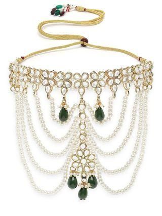 Karatcart Pearl Beaded and Green Tumble Kundan Choker Neckalce Set for Women