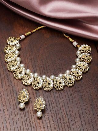 Karatcart Gold Plated Peacock Design Kundan and Pearl Choker Necklace Set for Women