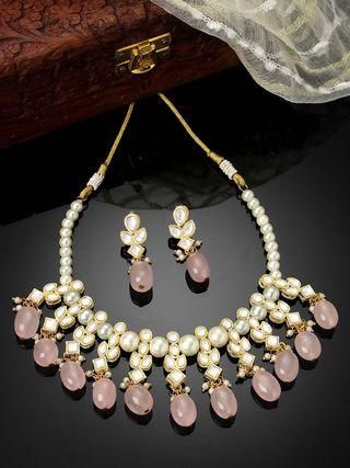 Karatcart Gold Plated Pink Tumble and Pearl Studded Kundan Necklace Set