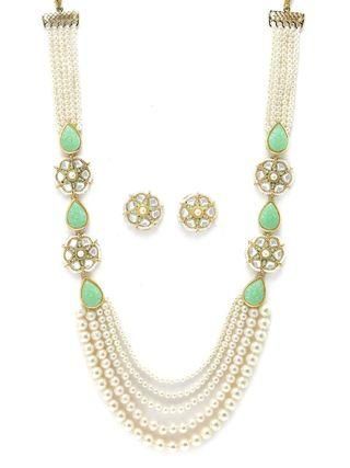 Karatcart Pearl Beaded Light Green Carved Stone Kundan Rani Haar Necklace Set for Women