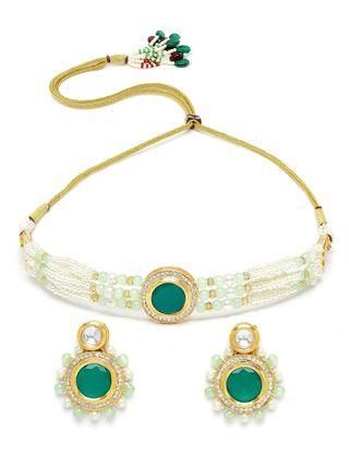 Karatcart Lime Green Beads and Pearl Beaded Green Polki Kundan Choker Necklace Set