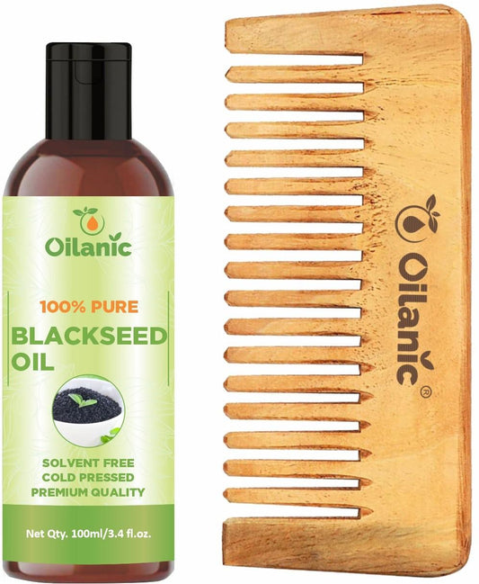 Oilanic  Pure & Natural Black Seed Oil( 100 ml) & Herbal Handmade Medium Detangler Neem Wooden Comb(5.5 inches)- For Antidandruff Men & Women Combo Pack