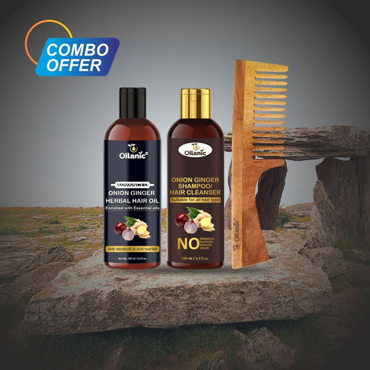 Oilanic Herbal Hair Oil, Onion Ginger Shampoo & Wooden Neem Ecofriendly Comb Combo