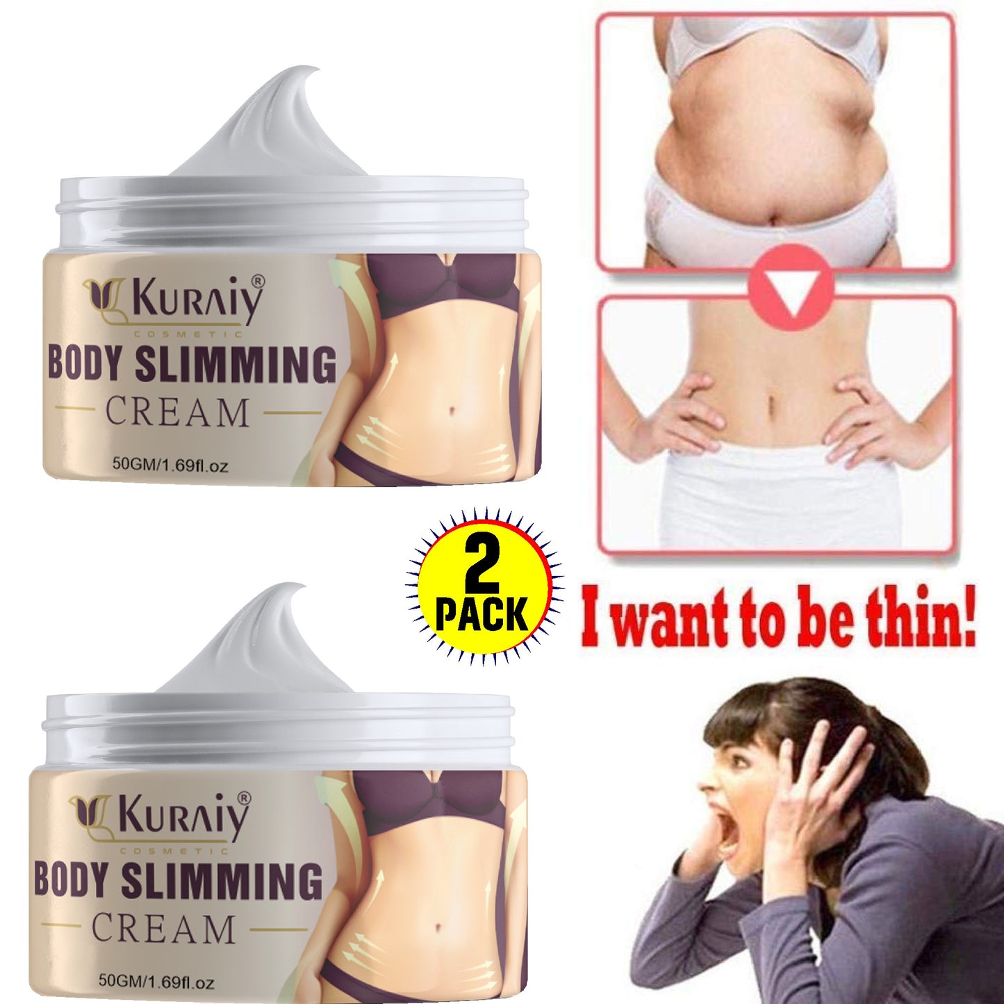 KURAIY Slimming Cream Anti Cellulite Losing Weights Fast for Women Belly Fat Burning Beauty Health Emulsions Body Care(PACK OF 2)100gm