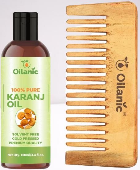 Oilanic  Pure & Natural Karanj Oil( 100 ml) & Herbal Handmade Medium Detangler Neem Wooden Comb(5.5 inches)- For Antidandruff Men & Women Combo Pack