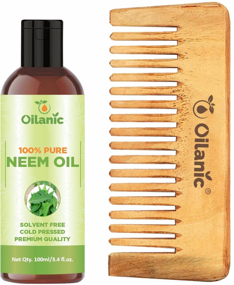 Oilanic  Pure & Natural Neem Oil( 100 ml) & Herbal Handmade Medium Detangler Neem Wooden Comb(5.5 inches)- For Antidandruff Men & Women Combo Pack